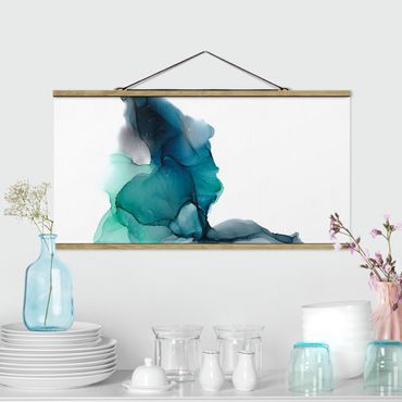 Fabric print with poster hangers - Drops Of Ocean Tourquoise With Gold - Landscape format 2:1