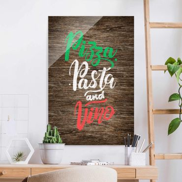 Glass print - Pizza Pasta and Vino On Wooden Board