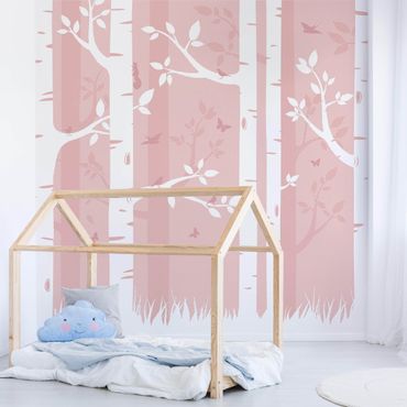 Wallpaper - Pink Birch Forest With Butterflies And Birds