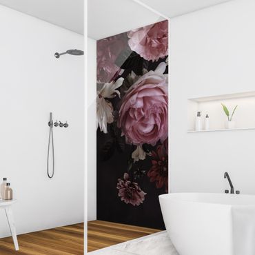 Shower wall cladding - Pink Flowers On Black Vintage