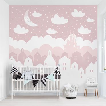 Wallpaper - Starry Sky With Houses And Moon In Light Pink