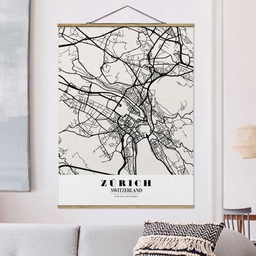 Fabric print with poster hangers - Zurich City Map - Classic