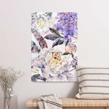 Glass print - Delicate Watercolour Boho Flowers And Feathers Pattern