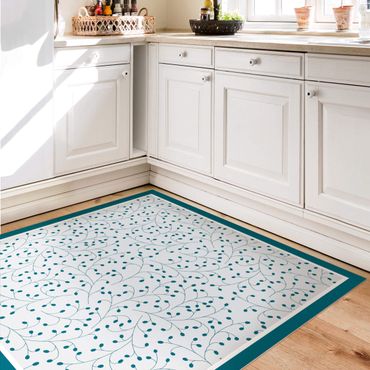 Vinyl Floor Mat - Delicate Branch Pattern With Dots In Petrol With Frame - Square Format 1:1