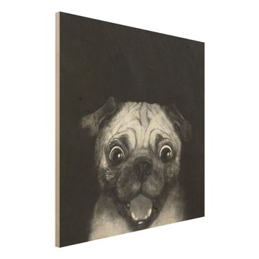 Print on wood - Illustration Dog Pug Painting On Black And White