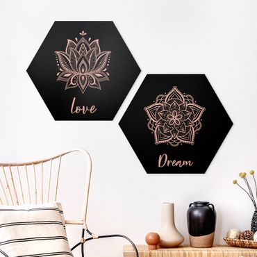 Alu-Dibond hexagon - Mandala Dream Love Set Black