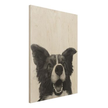 Print on wood - Illustration Dog Border Collie Black And White Painting