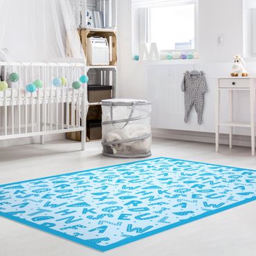 Vinyl Floor Mat - Alphabet With Hearts And Dots In Blue With Frame - Portrait Format 2:3