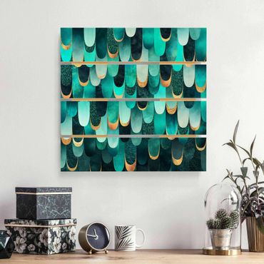 Print on wood - Feathers Gold Turquoise