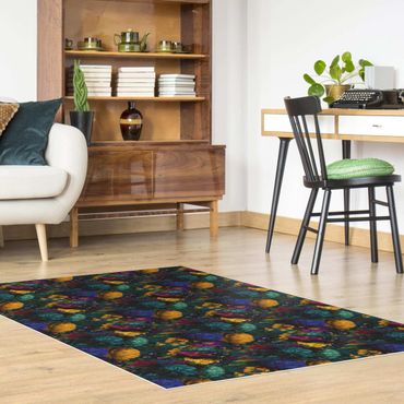 Vinyl Floor Mat - Yellow Blossoms With Blue Flowers In Front Of Turquoise - Landscape Format 3:2