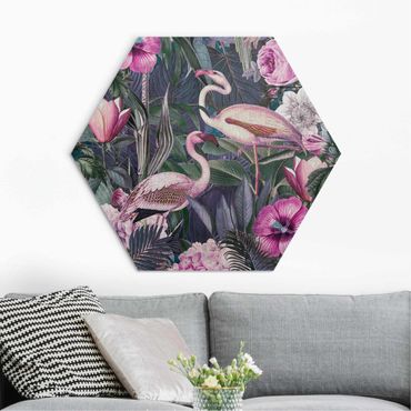 Alu-Dibond hexagon - Colourful Collage - Pink Flamingos In The Jungle