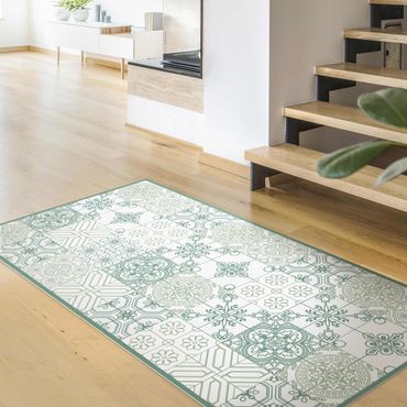 Vinyl Floor Mat - Floral Tile Pattern Small Parts In Shades Of Green - Portrait Format 1:2