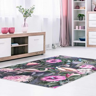 Vinyl Floor Mat - Colourful Collage - Pink Flamingos In The Jungle - Portrait Format 3:4