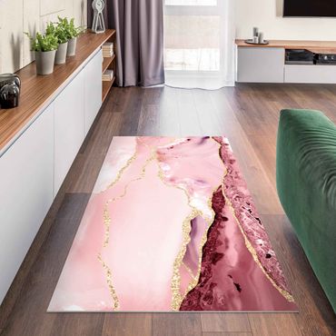 Vinyl Floor Mat - Abstract Mountains Pink With Golden Lines - Landscape Format 2:1