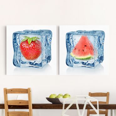 Print on canvas 2 parts - Strawberry and melon in the ice cube