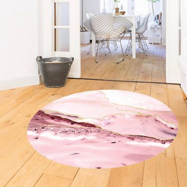 Vinyl Floor Mat round - Abstract Mountains Pink With Golden Lines