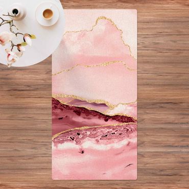 Cork mat - Abstract Mountains Pink With Golden Lines - Portrait format 1:2