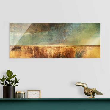 Glass print - Abstract Lakeshore In Gold - Panorama