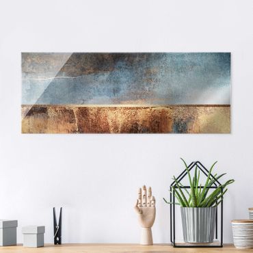 Glass print - Abstract Lakeshore In Gold - Panorama