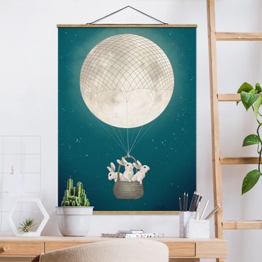 Fabric print with poster hangers - Illustration Rabbits Moon As Hot-Air Balloon Starry Sky