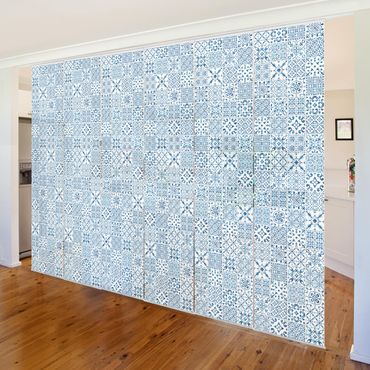 Sliding panel curtains set - Tile Pattern Blue White