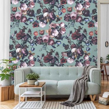 Wallpaper - Old Masters Flowers With Tulips And Roses On Blue
