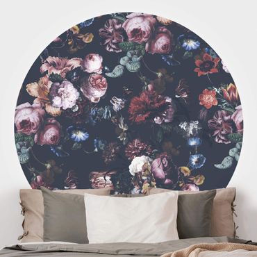 Self-adhesive round wallpaper - Old Masters Flowers With Tulips And Roses On Dark Grey