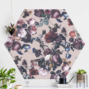 Self-adhesive hexagonal pattern wallpaper - Old Masters Flowers With Tulips And Roses On Pink