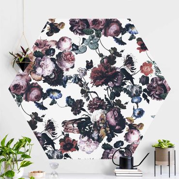 Self-adhesive hexagonal pattern wallpaper - Old Masters Flowers With Tulips And Roses On White