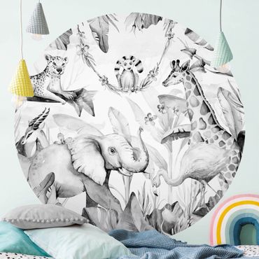 Self-adhesive round wallpaper - Watercolour Africa Animals Black And White