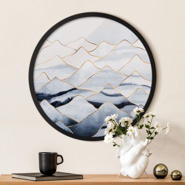 Circular framed print - Watercolour Mountains White Gold