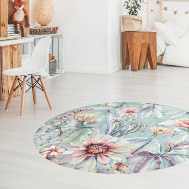 Vinyl Floor Mat round - Watercolour Blooming Cacti Bouquet