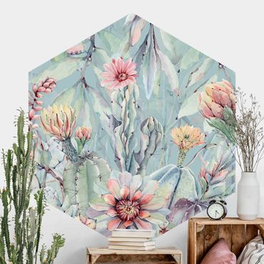 Self-adhesive hexagonal pattern wallpaper - Watercolour Blooming Cacti Bouquet