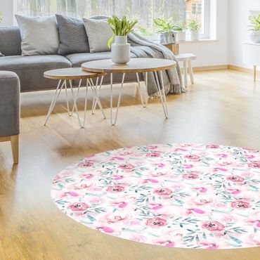 Vinyl Floor Mat round - Watercolour Flowers Pink With Blue Leaves