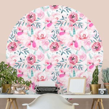 Self-adhesive round wallpaper - Watercolour Flowers Pink With Blue Leaves