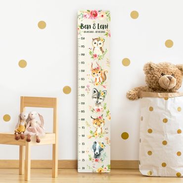 Wooden height chart for kids - Watercolour flowers forest animals with custom name