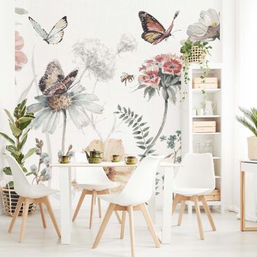 Wallpaper - Watercolour Flower Meadow With Butterflies