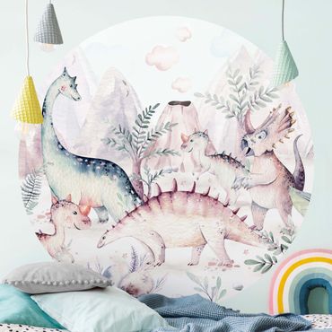 Self-adhesive round wallpaper - Watercolour World Of Dinosaurs