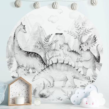 Self-adhesive round wallpaper - Watercolour World Of Dinosaurs Black And White