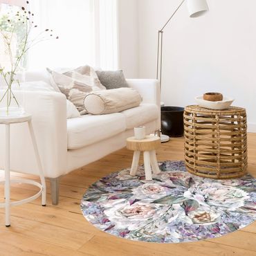 Vinyl Floor Mat round - Watercolour Lilac Peony Bouquet