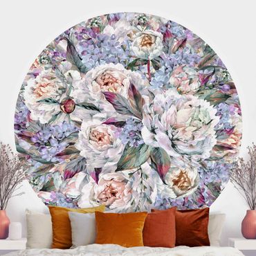 Self-adhesive round wallpaper - Watercolour Lilac Peony Bouquet