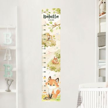 Wall sticker height chart for kids - Watercolour fox with custom name
