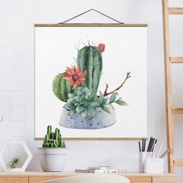 Fabric print with poster hangers - Watercolour Cacti Illustration - Square 1:1