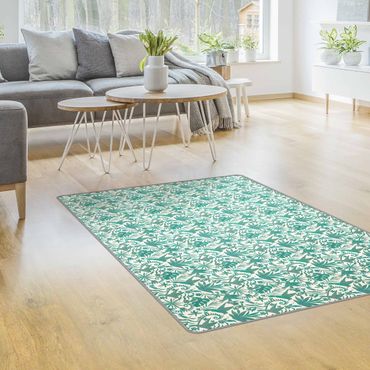 Rug - Watercolour Hummingbird And Plant Silhouettes Pattern In Turquoise