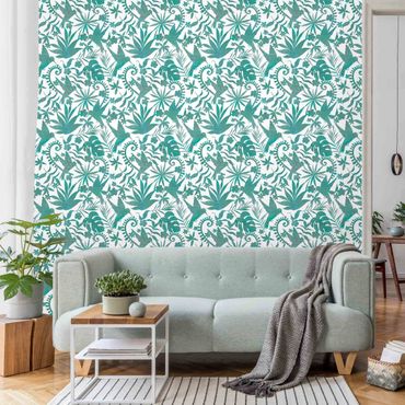 Wallpaper - Watercolour Hummingbird And Plant Silhouettes Pattern In Turquoise