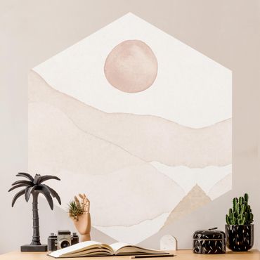 Self-adhesive hexagonal pattern wallpaper - Landscape In Watercolour The Sun And The Mountains
