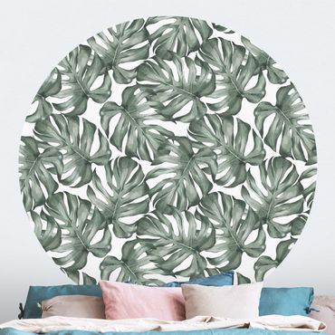 Self-adhesive round wallpaper - Watercolour Monstera Leaves In Green
