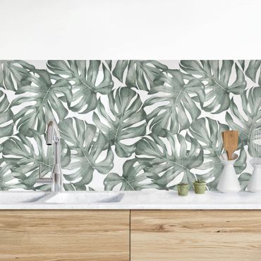 Kitchen wall cladding - Watercolour Monstera Leaves In Green