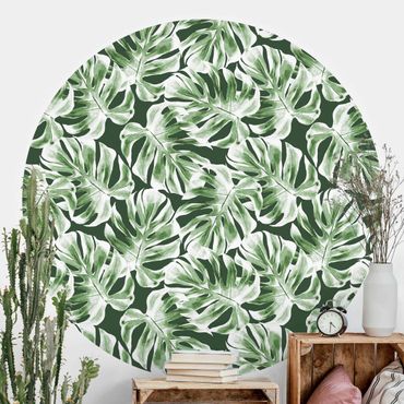Self-adhesive round wallpaper - Watercolour Monstera Leaves In Front Of Green