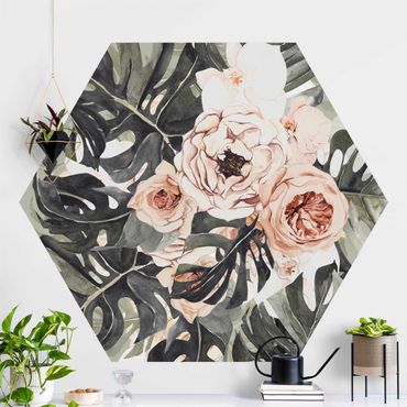 Self-adhesive hexagonal pattern wallpaper - Watercolour Monstera Bouquet